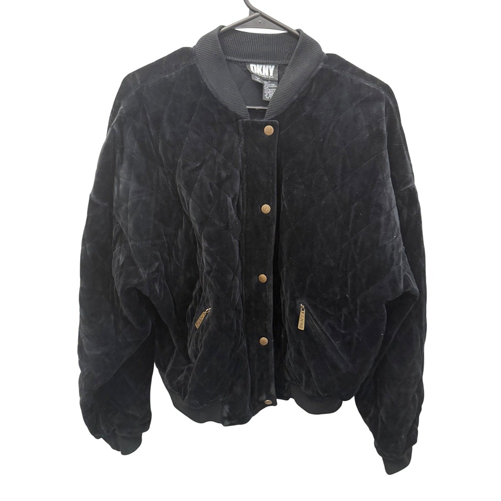 VTG 90s DKNY Black Velvet Quilted Bomber Jacket Size L Made in Korea